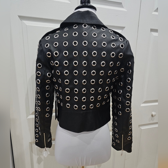 Unique Forever 21 Punk Goth Silver Grommet Black Faux Leather Jacket S - Picture 3 of 7